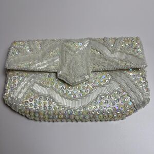 Vintage White Beaded Sequin Clutch/Crossbody Hand Made in Hong Kong